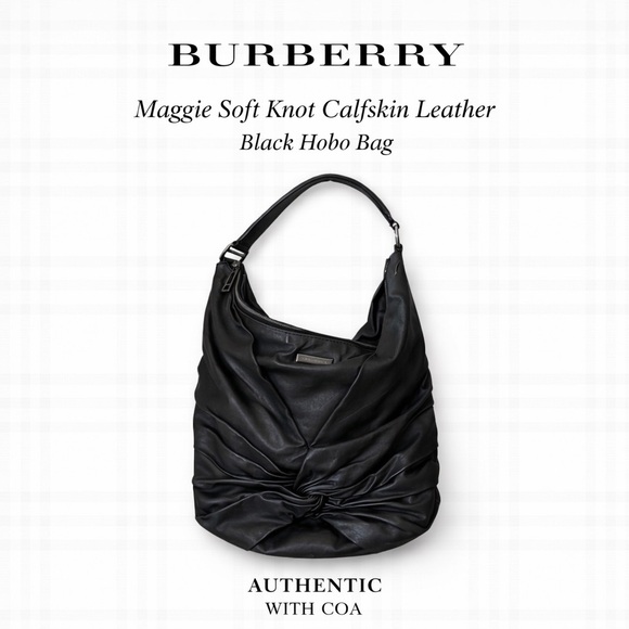 Burberry Handbags - BURBERRY AUTHENTIC Maggie Soft Knot Calfskin Leather Black Hobo Bag WITH COA